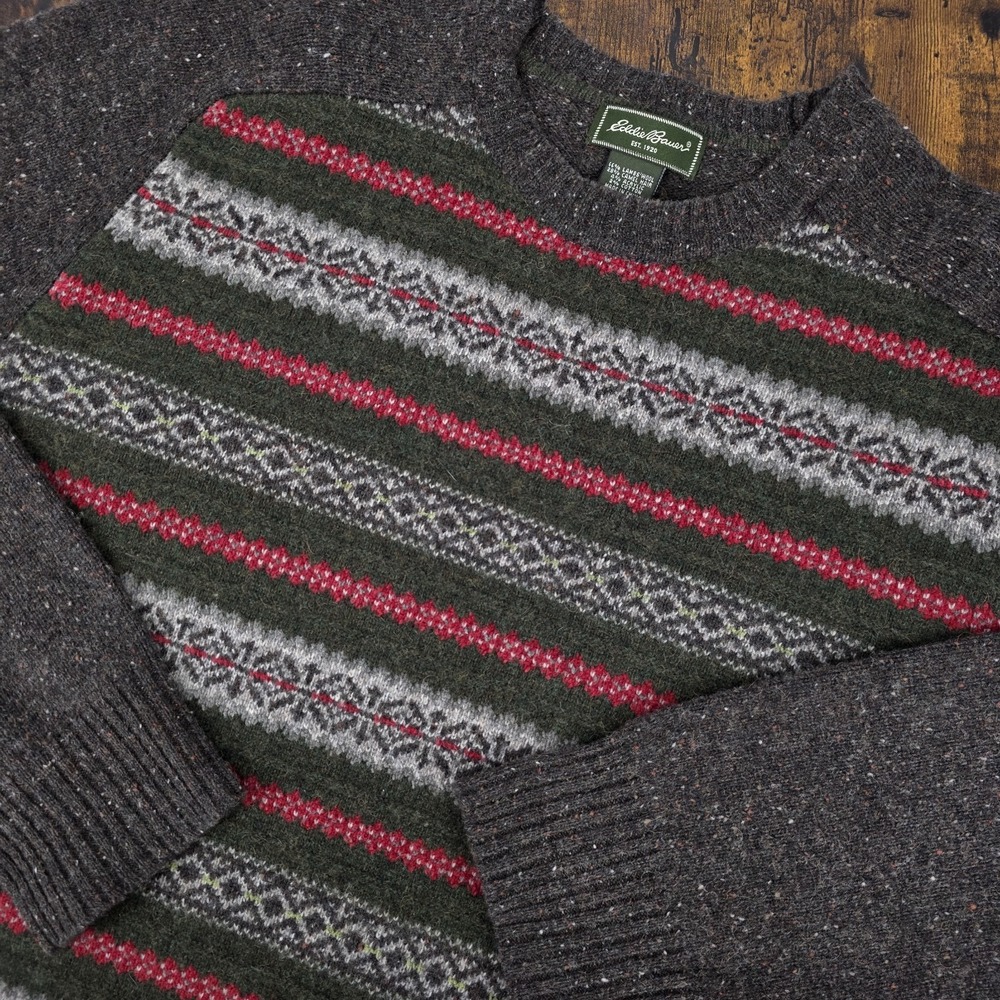 Eddie Bauer Sweater Nordic Fair Isle Brown Wool Camel Blend‎ Pullover Mens XL